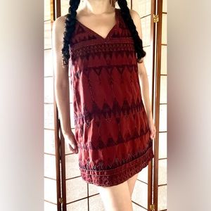Free people red black beading + embroidery sleeveless boho v neck minidress